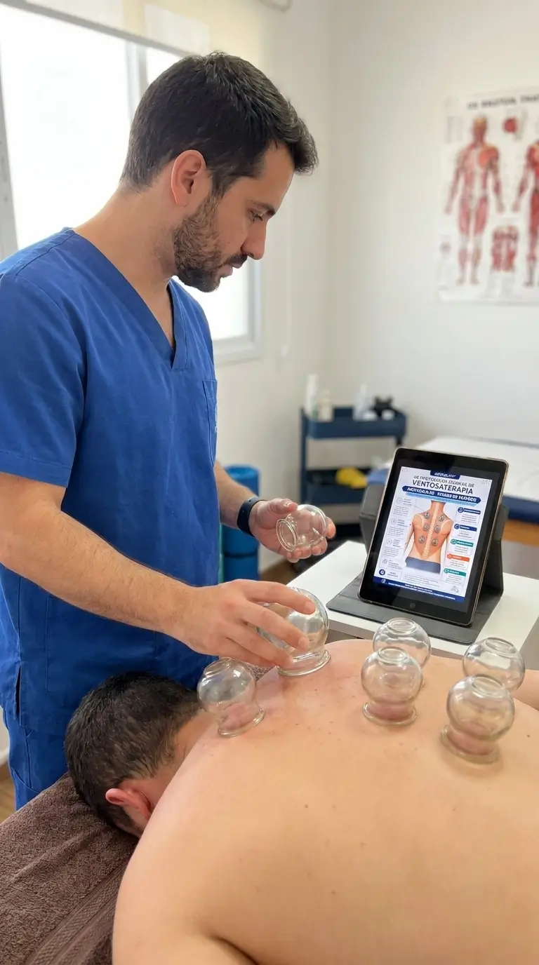 Terapeuta aplicando ventosas com protocolo no tablet